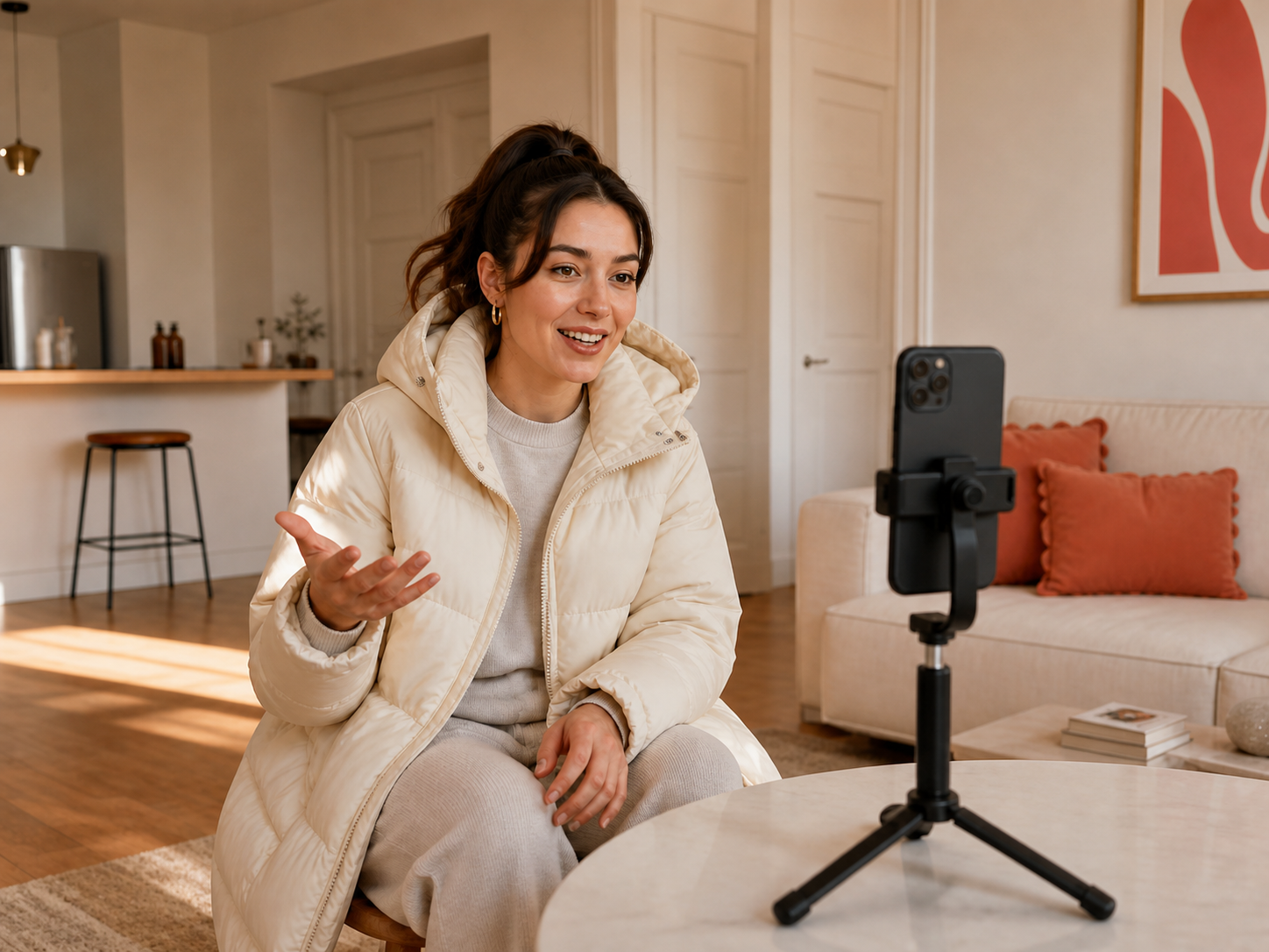 Creator in a cream quilted winter jacket filming a product video on a phone tripod